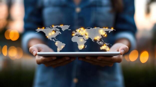 A woman is holding a tablet with a globe on it photo