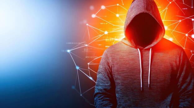 A man wearing a hoodie is standing in front of a blue background photo