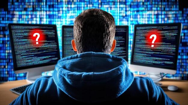 A man is sitting in front of computer with three monitors photo