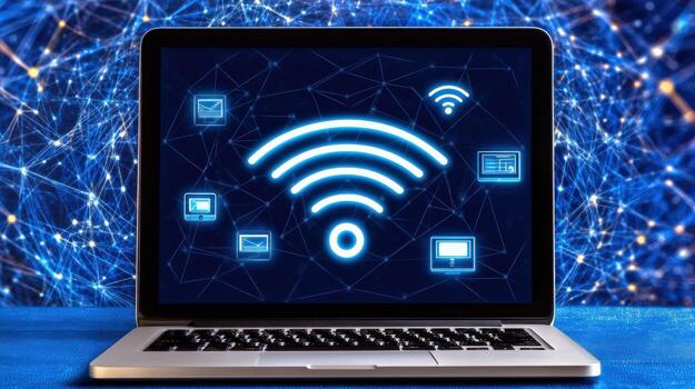 A laptop screen shows a Wi-Fi network with a blue background photo