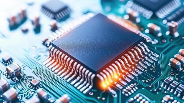 A computer chip is shown with a green background photo