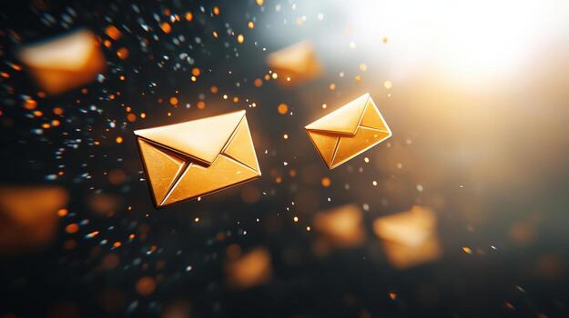 A golden envelopes flying in the air. One is on the left and the other is on the right photo