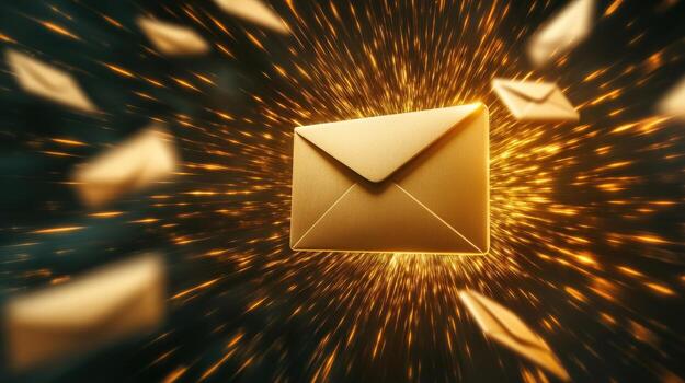 an email envelope with gold sparks flying around it photo