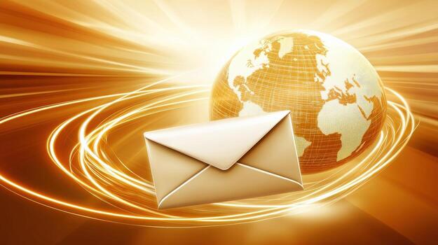 A gold colored envelope is sitting on a globe photo