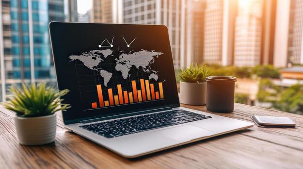 A laptop is open to a screen with a world map and graphs photo