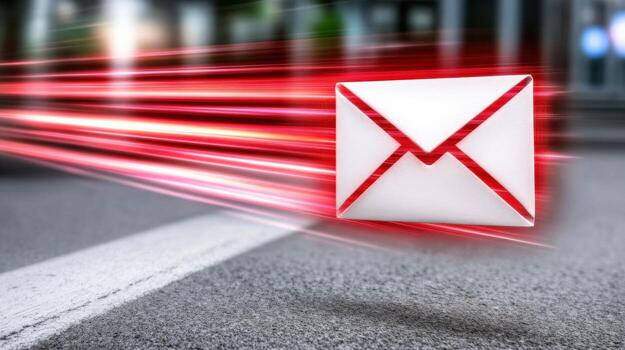 A white envelope with red writing is flying through the air photo