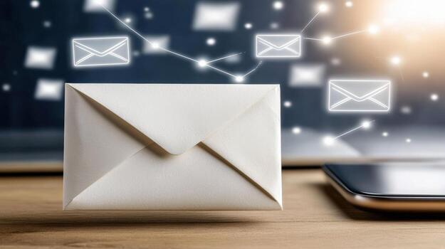 A white envelope is on a table with a cell phone photo