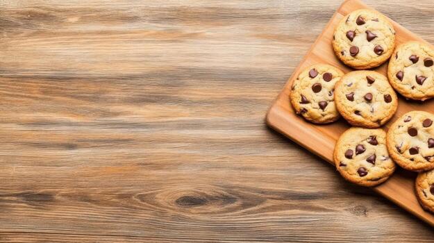 wooden board with a plate of chocolate chip cookies on it photo
