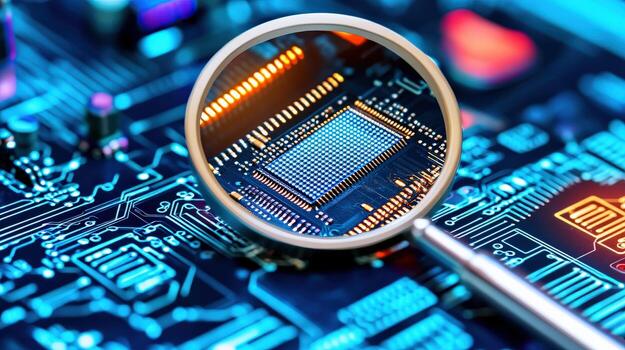 A close up of a computer chip with a magnifying glass on it photo