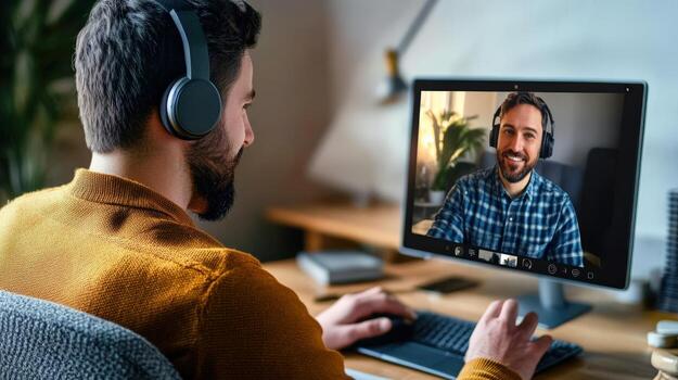 A man is sitting at desk with a computer monitor in front of him photo