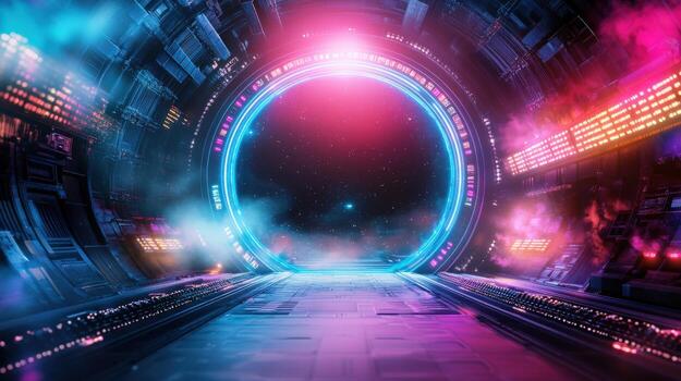 A tunnel with a bright light in the middle. The tunnel is purple and orange. There are many lights in the tunnel photo