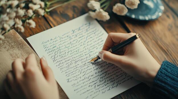 A person is writing on a piece of paper with a pen photo