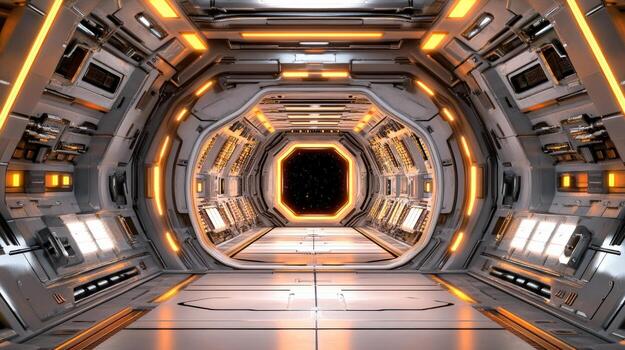 futuristic spaceship tunnel with orange lights photo