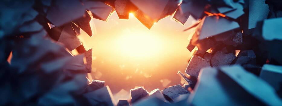 A large hole in the ground with a bright light shining through it photo