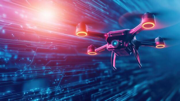 Futuristic drone flying through digital landscape with bright lights, showcasing advanced technology and innovation photo