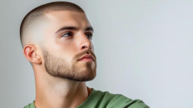 man with buzz cut and beard, showcasing minimalist and edgy style. His expression is thoughtful against light background photo