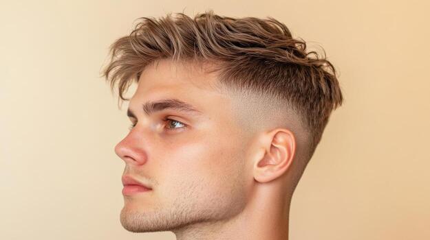 elegante hombre con corto cosecha peinado presentando texturizado capas, exhibiendo moderno mirar. limpiar desvanecerse agrega a en general apelación foto