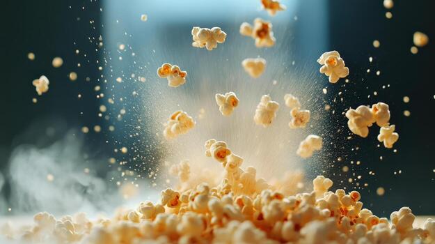 Popping popcorn kernels in slow motion, creating cloud of steam and excitement. vibrant scene captures joy of fresh popcorn bursting into fluffy pieces photo