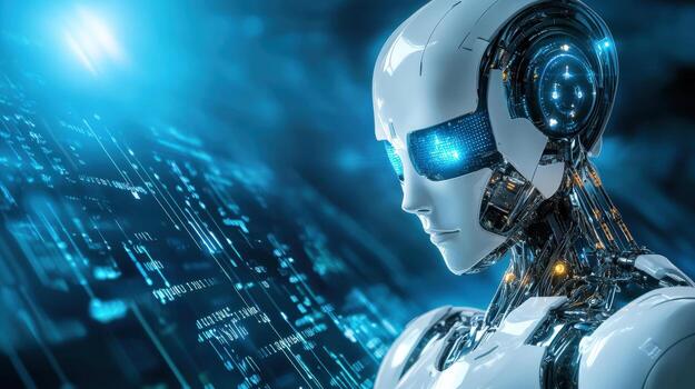Futuristic AI robot with glowing blue face, showcasing advanced technology and intricate design. robot features reflect blend of innovation and sophistication photo