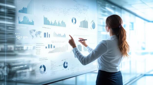 businesswoman presenting strategy on digital whiteboard, analyzing data and charts with focus and determination photo