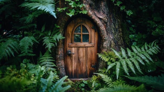 whimsical ancient tree with tiny wooden door surrounded by lush ferns and greenery creates fairy tale atmosphere. This enchanting scene invites curiosity and wonder photo