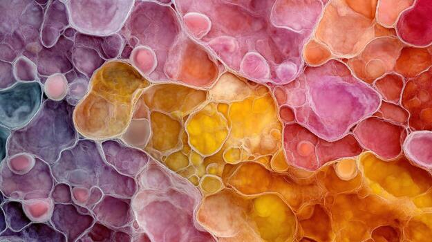Microscopic view of colorful human cells stained with dye, showcasing vibrant patterns and textures. image evokes sense of wonder and beauty in cellular structures photo