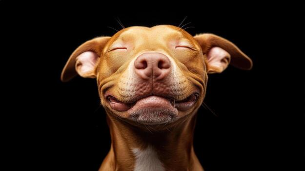 contento pozo toro con amable sonrisa, radiante amabilidad y alegría. esta adorable perro vitrinas calentar expresión en contra oscuro fondo, capturar esencia de compañerismo y amor foto