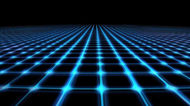 glowing blue digital grid stretches into distance, creating futuristic and immersive atmosphere. geometric lines form captivating pattern against dark background photo