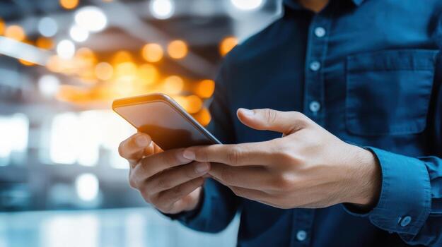 man using smartphone in modern environment with blurred lights. focus is on device and hands, conveying sense of technology and connectivity photo