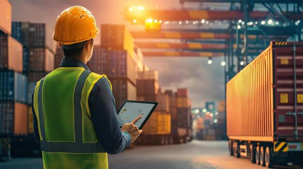 Efficient logistics manager tracking shipments on tablet in busy port. scene captures importance of technology in modern shipping operations photo
