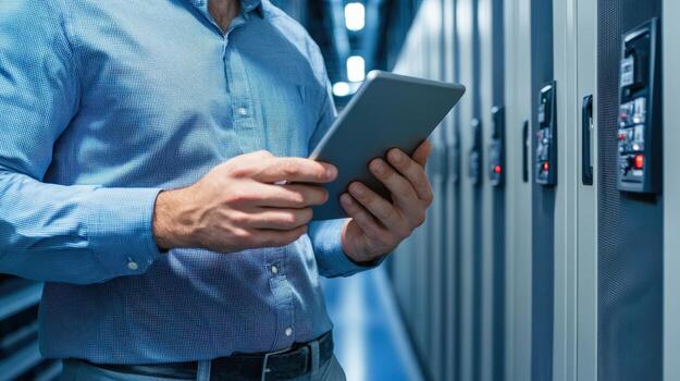 technology management engineer holding tablet in data center, surrounded by server racks, showcasing modern technology and data management photo