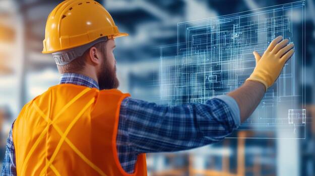 Digital blueprints and schematics are being analyzed by construction engineer wearing hard hat and gloves. focus is on modern technology in engineering photo