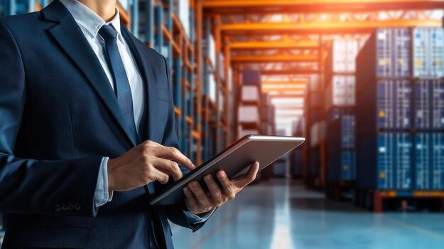 warehouse management concept with man in suit and tablet in warehouse stock photo