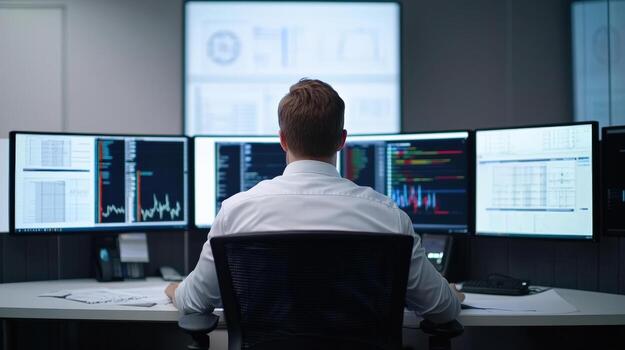 a man sitting at a desk with multiple computer screens photo