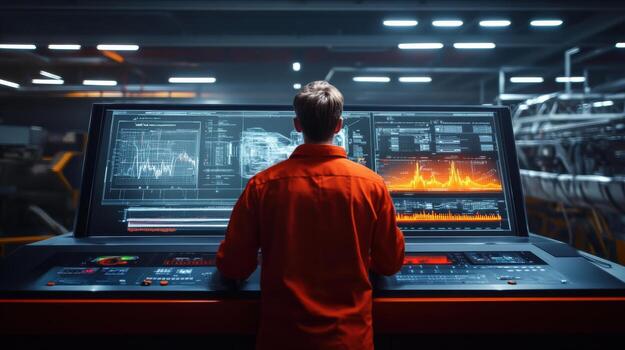 technician in orange jumpsuit analyzes data on digital control panel, surrounded by advanced machinery and screens displaying graphs and metric photo