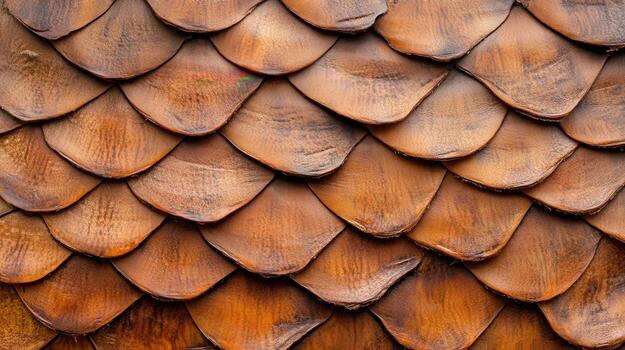 Textured brown scales create warm, rustic appearance, showcasing intricate patterns and natural beauty of wood. This close up captures essence of organic design photo