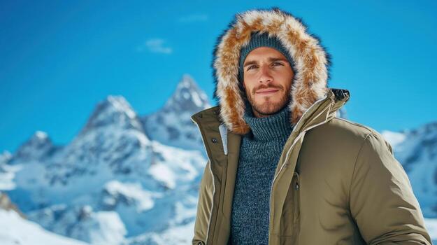 a man in a parka standing in front of a snowy mountain photo