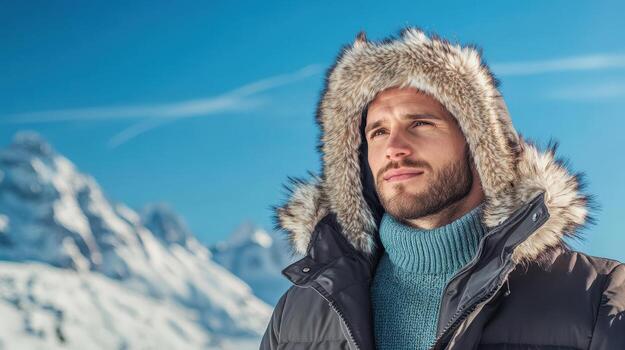 a man in a winter coat standing in front of a mountain photo