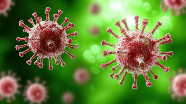 Microscopic view of bacteria and viruses floating in green background, showcasing their intricate structures and details. This highlights complexity of microorganisms photo