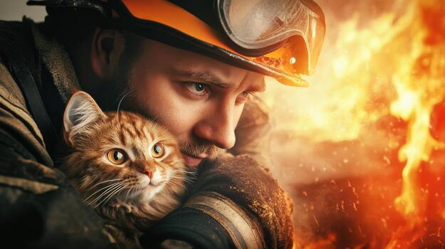 a man in a fireman's helmet holding a cat photo