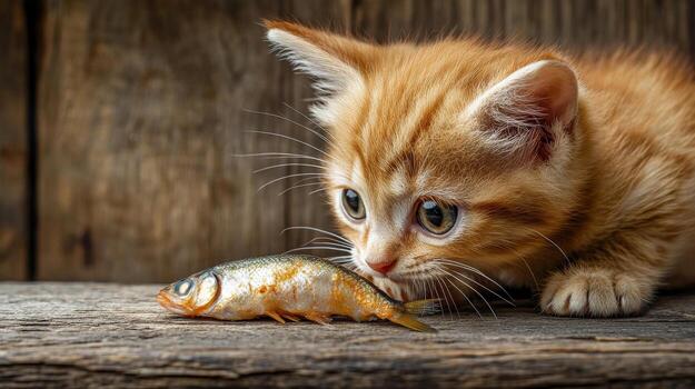 un gatito es comiendo un pescado en un de madera mesa foto