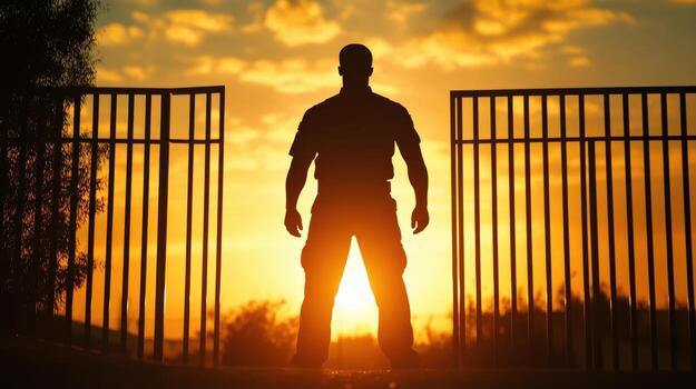 a silhouette of a man standing in front of a gate photo