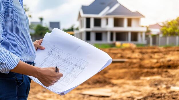 un hombre participación un Plano y mirando a casa foto