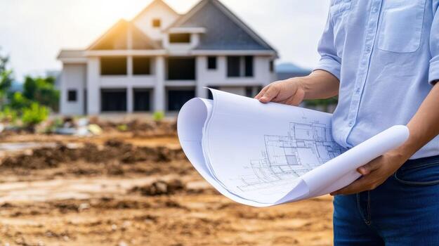 a man holding a blueprint and looking at a house photo