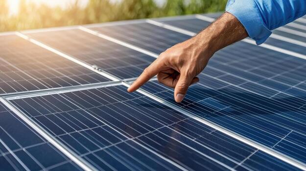 a person is pointing at a solar panel photo