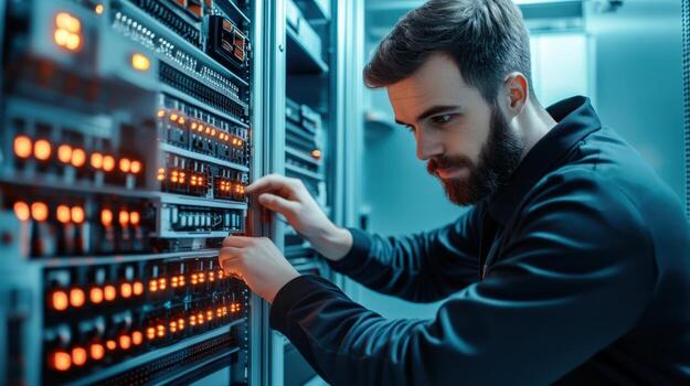 a man in a black jacket is working on a server photo