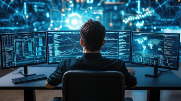 a man sitting at a desk with three computer screens photo