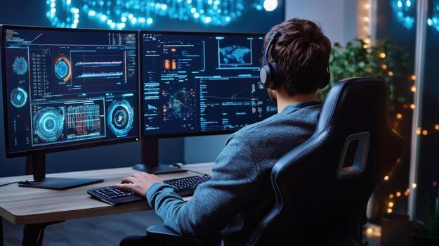 a man sitting at a desk with two computer monitors photo