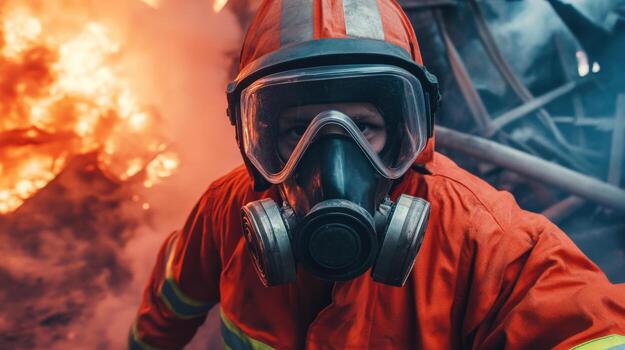 a man in a gas mask and red uniform is standing in front of a burning building photo