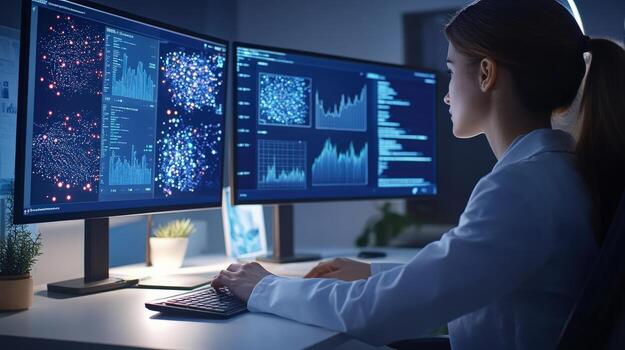 un mujer en un laboratorio Saco es mirando a dos computadora pantallas foto